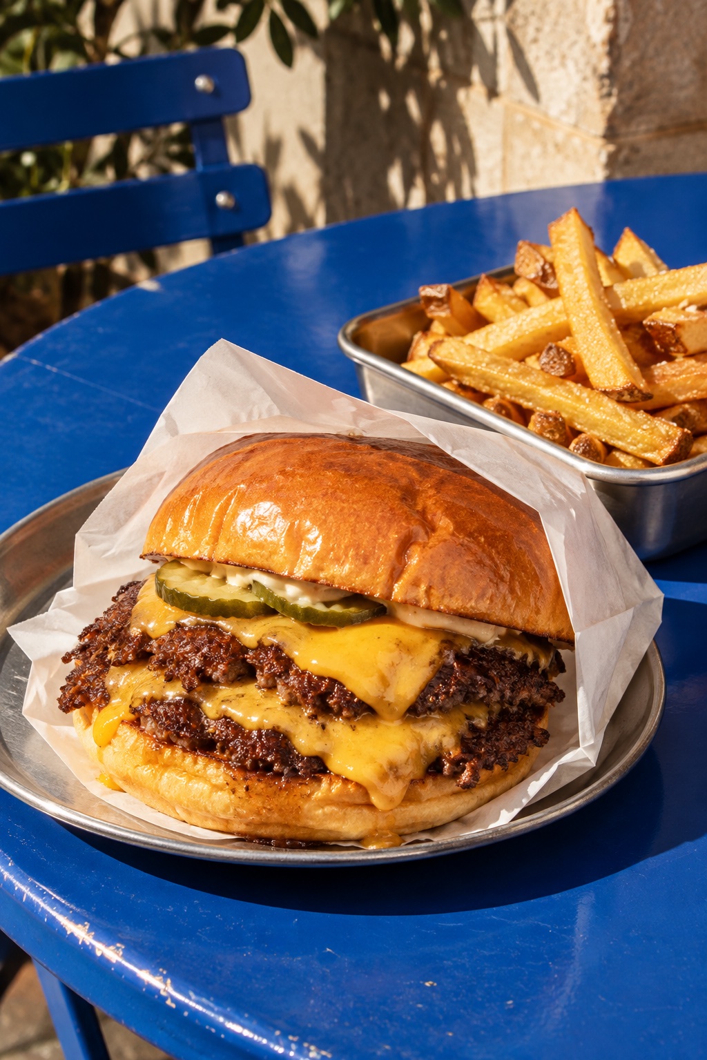 Una hamburguesa doble con queso y patatas sobre una mesa azul