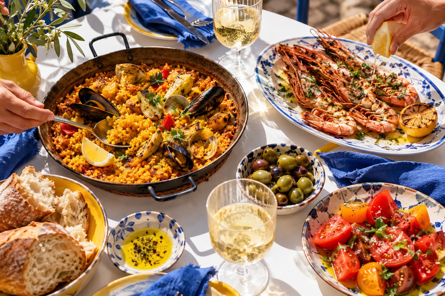 Una mesa mediterránea con arroz, entrantes y platos para compartir