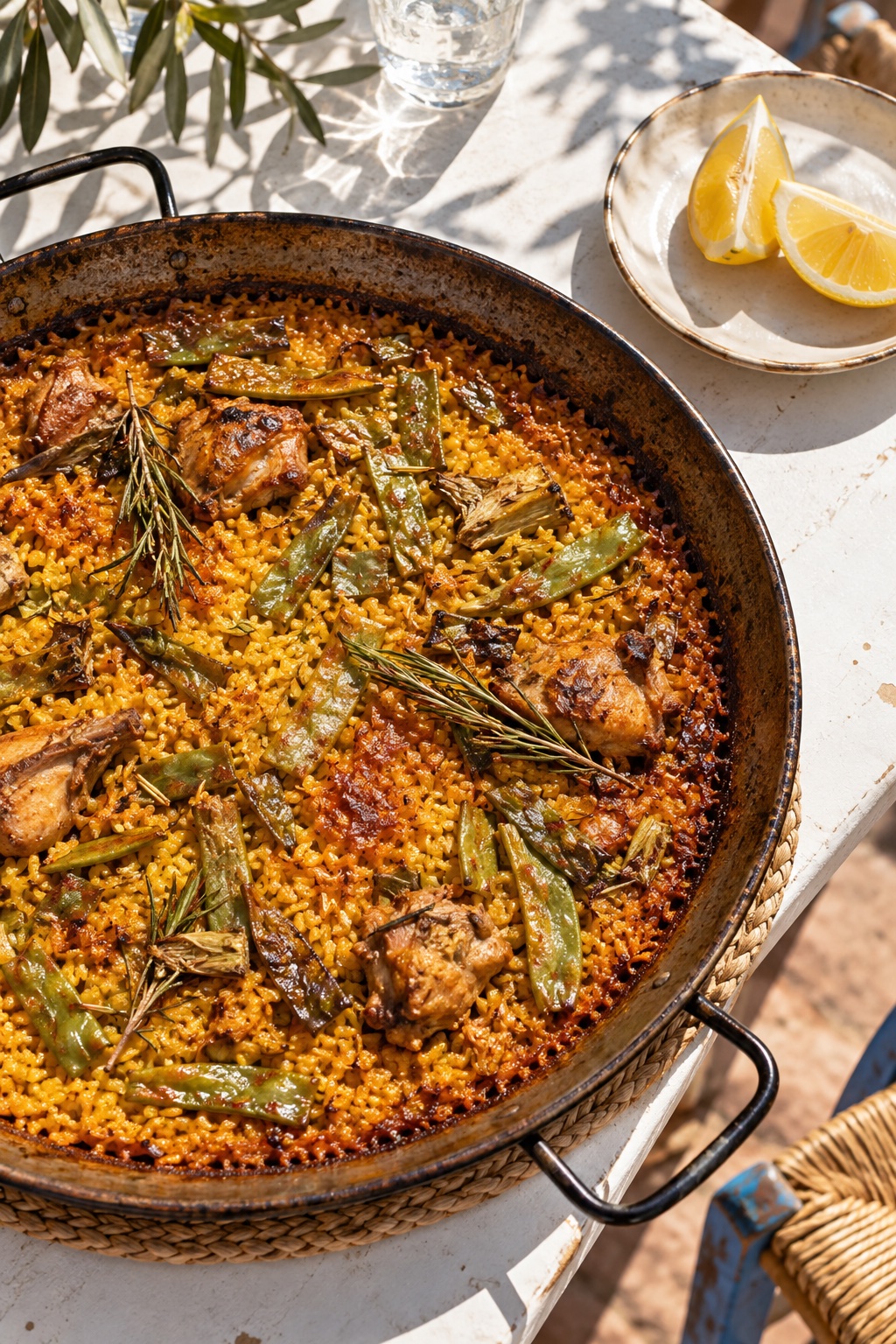 Arroz mediterráneo con una capa fina de arroz dorado