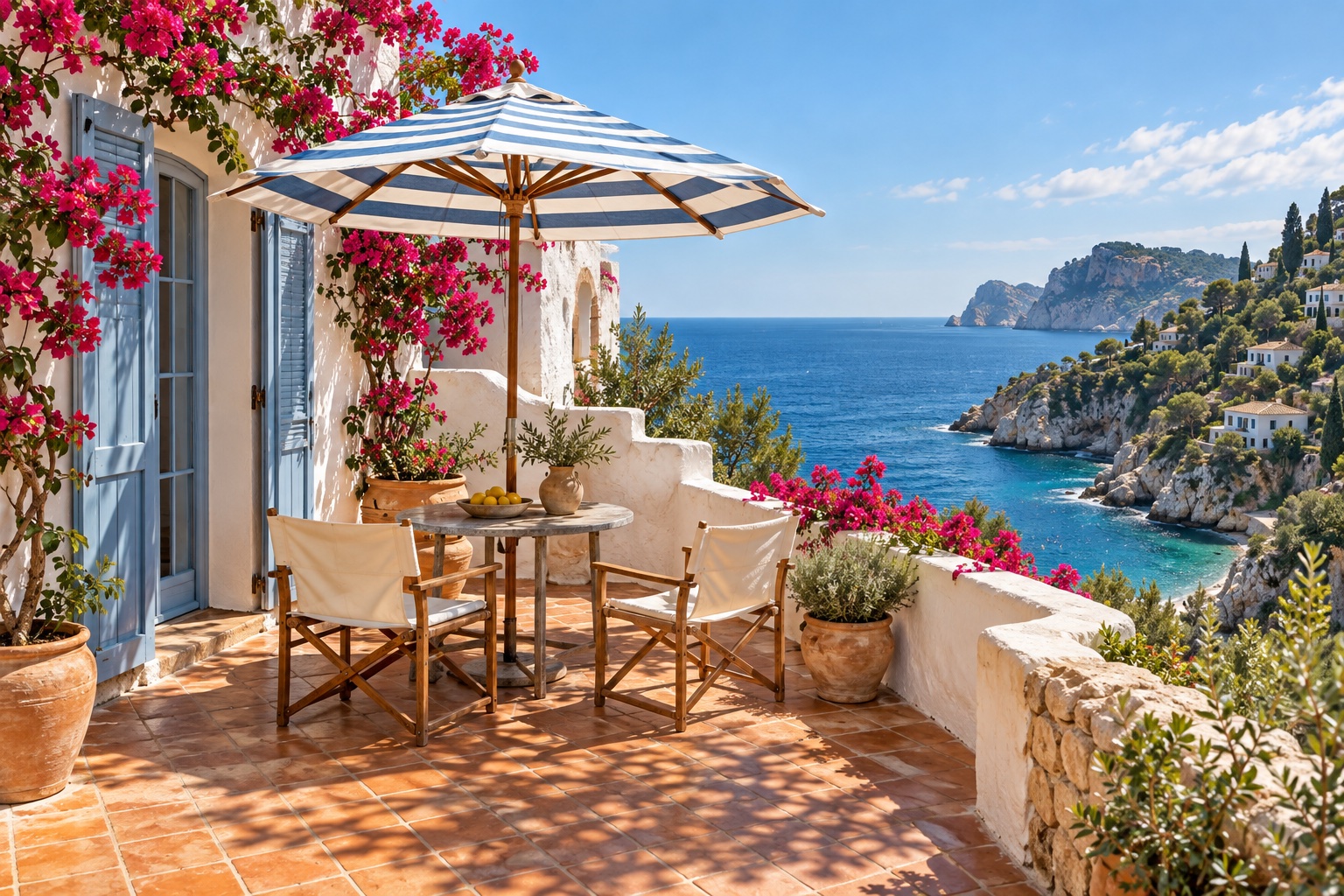 Una terraza mediterránea soleada con sombrilla azul y vistas al mar